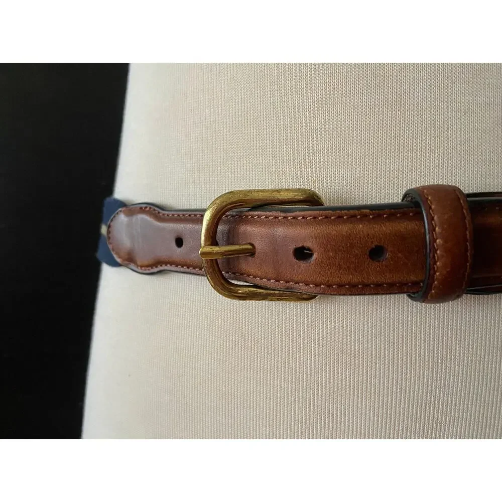 BARRONS-HUNTER Navy/Tan Stripe Stretch Belt w/Leather Tabs Mens sz 38